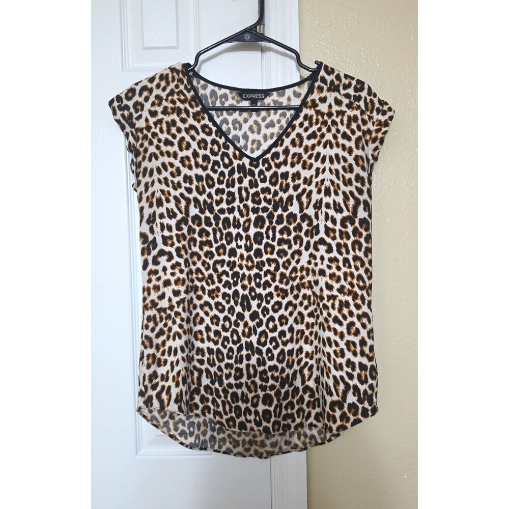 Express Leopard Animal Print V-Neck Cap Sleeve Chiffon Blouse Multicolor XS